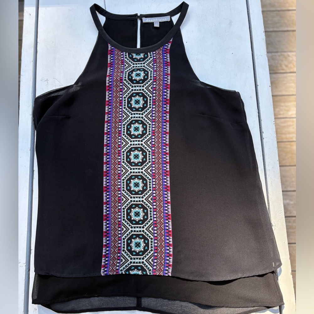 Daniel Rainn Black Tank Top with Colorful Geometric Design